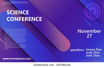 Science conference invitation design template, flyer layout. Geometric background. Minimal abstract cover design. Creative colorful wallpaper. Trendy gradient poster. Vector illustration.
