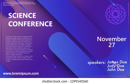 Science conference invitation design template, flyer layout. Geometric background. Minimal abstract cover design. Creative colorful wallpaper. Trendy gradient poster. Vector illustration.