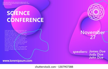 Science conference invitation design template, flyer layout. Fluid background. Minimal abstract cover design. Creative colorful wallpaper. Trendy gradient poster. Vector illustration.