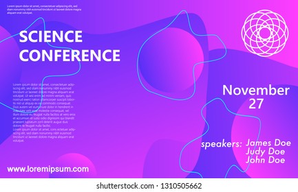 Science conference invitation design template, flyer layout. Fluid background. Minimal abstract cover design. Creative colorful wallpaper. Trendy gradient poster. Vector illustration.