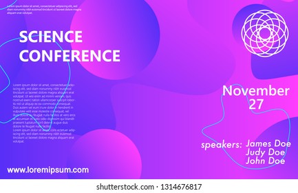 Science conference invitation design template, flyer layout. Fluid background. Minimal abstract cover design. Creative colorful wallpaper. Trendy gradient poster. Vector illustration.