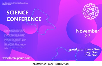 Science conference invitation design template, flyer layout. Fluid background. Minimal abstract cover design. Creative colorful wallpaper. Trendy gradient poster. Vector illustration.