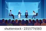 Science conference, lecture with presentation in front of audience vector illustration. Cartoon international group of scientists talk on stage, speakers explain scientific research to shareholders
