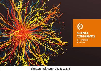 Science conference. Point explode. Array with dynamic emitted particles. 3d vector illustration for online courses, master class, seminar, presentation, webinar or lecture