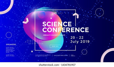 Science Conference Wide Poster Design Template. Modern Seminar Page With 3d Flow Shape. Vector Banner Gradient Trendy Illustration.