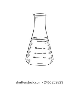 Science conical flask. A line drawn illustration of a conical flask in black and white. Drawn by hand with numbers written onto the glass and flask is full of liquid.