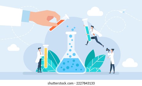 Science. Creation of medicines. Medical pharmacy Industry example with scientists. Laboratory where people are exploring, learning, building knowledge and gathering research data. Vector illustration