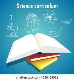 Science curriculum education concept vector illustration. Open book and school subjects icons on blue background.