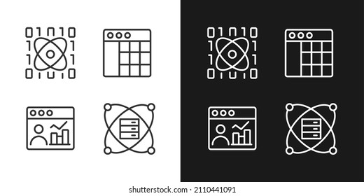Science data mining linear pixel perfect icons set for dark and light mode. Tools for virtual researching. Engineering system. Customizable thin line symbols. Isolated vector outline illustrations
