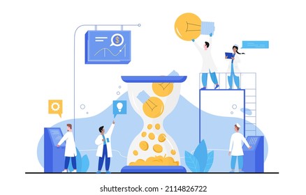 Ciencia, investigación de datos y experimento financiero. Pequeños científicos arrojan muchas bombillas de vidrio en vidrio abierto, ofrecen ideas geniales para el crecimiento del dinero, ilustración vectorial plana. Educación, concepto empresarial