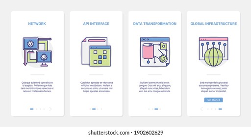 Science data transformation, global network infrastructure vector illustration. UX, UI onboarding mobile app page screen set with line api user interface tech digital symbols, networking technology