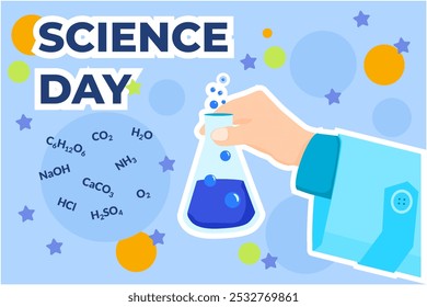 science day background. hands holding beakers and some chemical formulas. - Powered by Shutterstock - Get 15% off with code: PIKWIZARD15