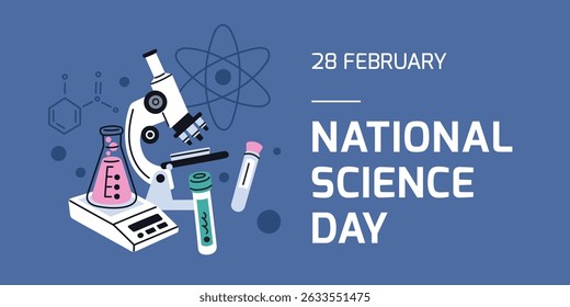 Science day poster. Chemistry or biology laboratory tools, experiments and tests elements, flasks and microscope, scientific, medical and research banner template, garish vector concept