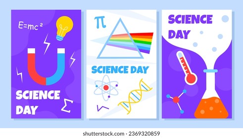 Afiches del Día de la Ciencia. Imán cerca de bombilla y vidrio con arco iris, difracción de luz. Festividad internacional y festival de ciencia. Colección vectorial plana de dibujos animados aislada en fondo azul