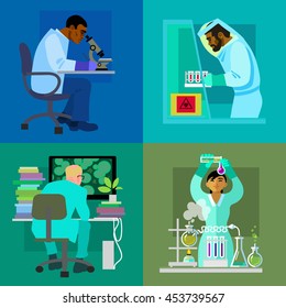 Science design concept set. Working in laboratory..Four scientists conducting research Theory experiment  invention. Flat isolated vector illustration.