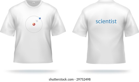 Science design (with atomic scheme of lightest element - protium isotope) on white T-shirt. Vector, contains gradient mesh elements.