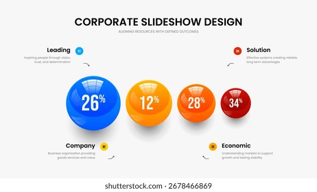 Diseño de diapositivas de infografía de 4 pasos de desarrollo de Ciencia. Ilustración vectorial de presentación de diapositivas de presentación de ventas. Visualización Corporativa Plantilla de presentación de gráficos de cuatro opciones.