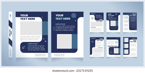 Science development blank brochure design. Template set with copy space for text. Premade corporate reports collection. Editable 8 paper pages. Josefin Sans Thin, Kanit Bold fonts used
