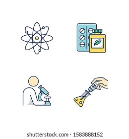 Science development color icons set. Biotechnologies products. Experiment methodology. Working in laboratory. Microbiology scientists. Organic chemistry research. Isolated vector illustrations