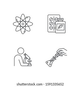 Science development linear icons set. Biotechnology products. Work in lab. Microbiology scientist. Organic chemistry. Thin line contour symbols. Isolated vector outline illustrations. Editable stroke