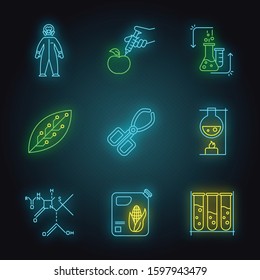 Science development neon light icons set. Biotechnologies equipment. Experiment method. Working in laboratory. Changing nature. Organic chemistry research. Glowing signs. Vector isolated illustrations