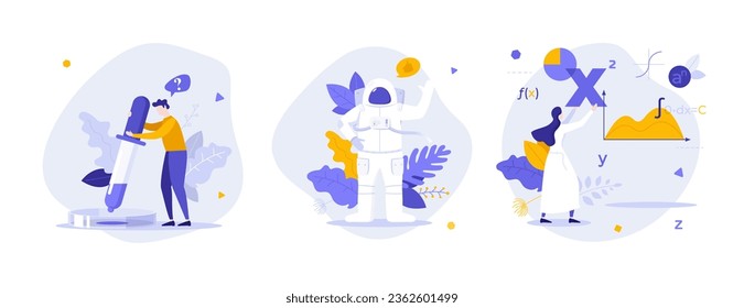 Science development technology flat concept vector illustrations set. Scientific methods of world exploration cartoon composition. Making new discoveries idea for website, mobile, presentation