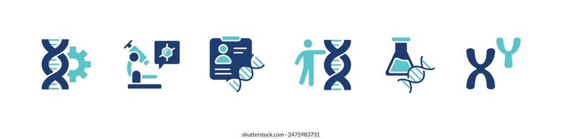 conjunto de iconos genéticos de adn de ciencia biotecnología genoma cromosoma hélice molecular símbolo de gen Ilustración vectorial