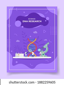 science dna research concept people doctor nurse scientist around spiral genome magnifier analyze microscope for template of banners, flyer, books cover, magazines with liquid shape style