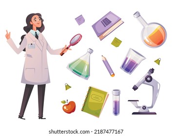 Science doctor character with experiment analysis biology chemical medical scientist chemistry tools equipment isolated set collection illustration