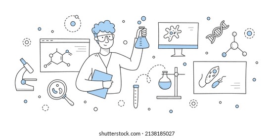 Science doodle concept, chemist or biologist scientist holding beaker with reagent in laboratory with microscope, molecule formulas, dna, microorganism cells and flasks, Linear vector illustration