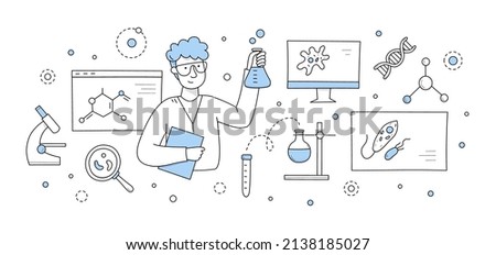 Science doodle concept, chemist or biologist scientist holding beaker with reagent in laboratory with microscope, molecule formulas, dna, microorganism cells and flasks, Linear vector illustration