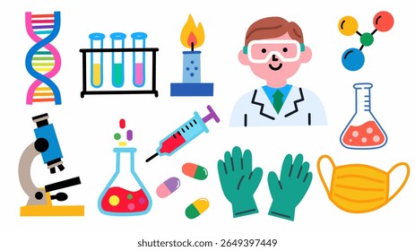 Science doodle elements set. Microscope, DNA, beakers, test tubes, molecules, scientist, syringe, pill capsules, burner, gloves, mask, and scientific symbols. Ideal for education or science projects.