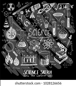 Science doodle illustration wallpaper background line sketch style set on chalkboard