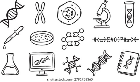 science doodle set with dna helix icons, microscope, test tube, beaker and lab symbols