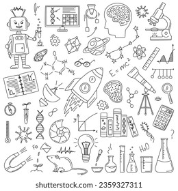 Equipo de doodle científico con cohetes, constelación, telescopio, microscopio, matraz, libros, ADN, imán, planeta, radiotelescopio en forma de doodle. Esbozo de arte de la línea de vectores.