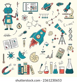 Science doodle set with rocket, constellation, telescope, microscope, flask, books, DNA, magnet, planet, radio telescope in doodle style. Vector colourful line art sketch.