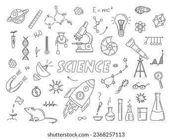 Science doodle set with rocket, constellation, telescope, microscope, flask, books, DNA, magnet, planet, radio telescope in doodle style. Vector line art sketch.