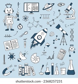 Wissenschaftsdoodle-Set mit Rakete, Sternbild, Teleskop, Mikroskop, Kolben, Bücher, DNA, Magnet, Planet, Radioteleskop im Doodle-Stil. Vektorgrafik für monochrome Linien.