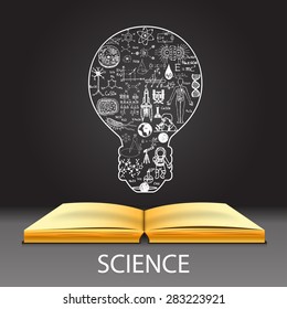 Science doodles in light bulb shape on open notebook.