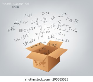 Science doodles. Mathematical equations and formulas on the fly from a cardboard box - vector illustration