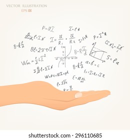 Science doodles. Mathematical equations and formulas on the fly from an open palm - vector illustration