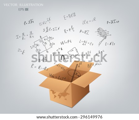 Science doodles. Mathematical equations and formulas on the fly from a cardboard box - vector illustration