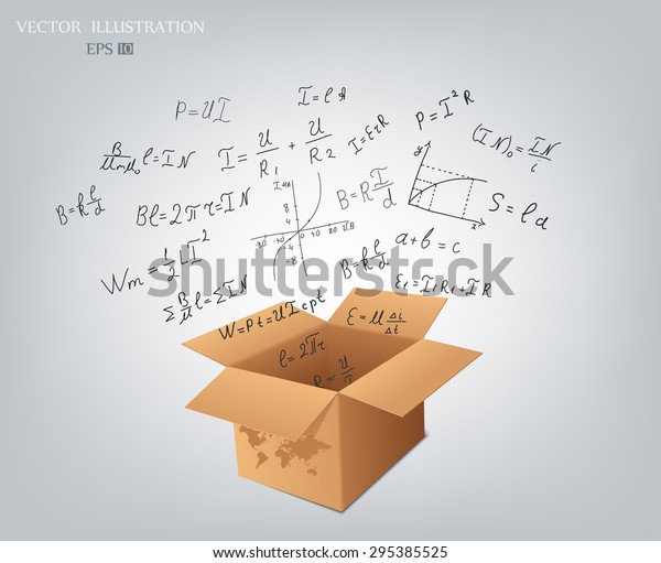 Science doodles.\
Mathematical equations and formulas on the fly from a cardboard box\
- vector illustration
