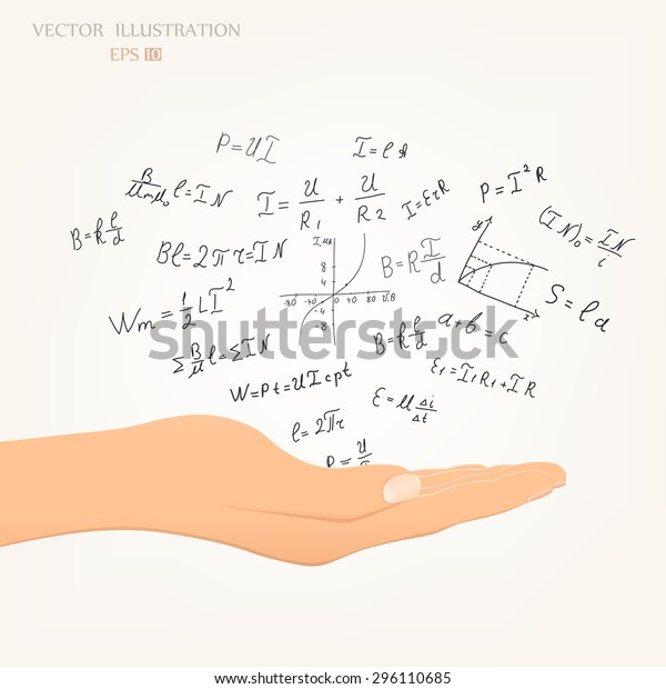 Science doodles.\
Mathematical equations and formulas on the fly from an open palm -\
vector illustration