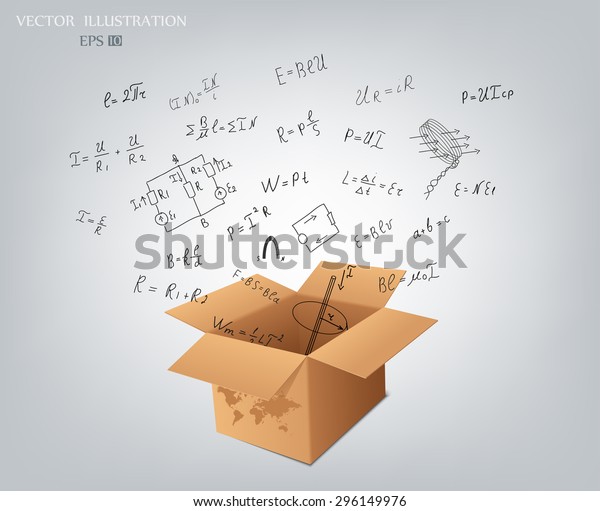 Science doodles.\
Mathematical equations and formulas on the fly from a cardboard box\
- vector illustration