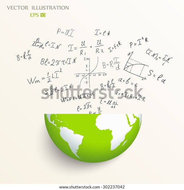 Science doodles. Mathematical equations and\
formulas on the fly from a globe. Vector illustration modern design\
template.