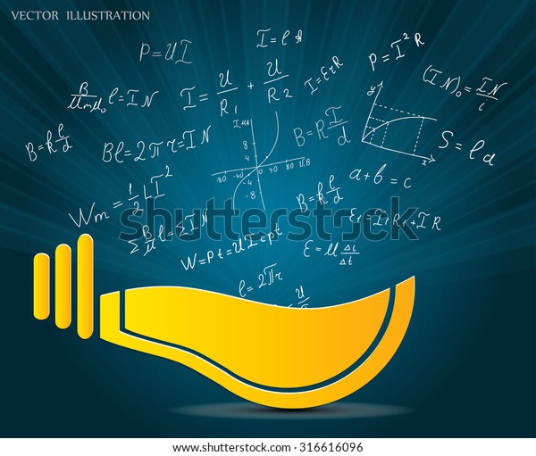Science doodles. Mathematical equations and\
formulas on the fly from the light bulb on blue background - vector\
illustration