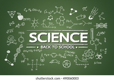 Science doodles objects on chalkboard. Physics and chemistry. Vector illustration.