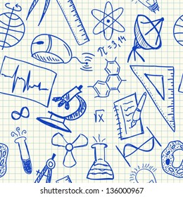 Science doodles on school squared paper, seamless pattern
