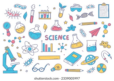 science doodles set, cartoon elements, clip art isolated on white background for stickers, planners, scrapbooking, stationary, prints, etc. EPS 10